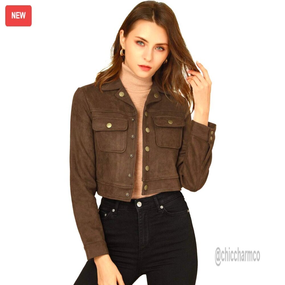 Faux Suede Cropped Moto Jacket with Notched Collar and Pockets